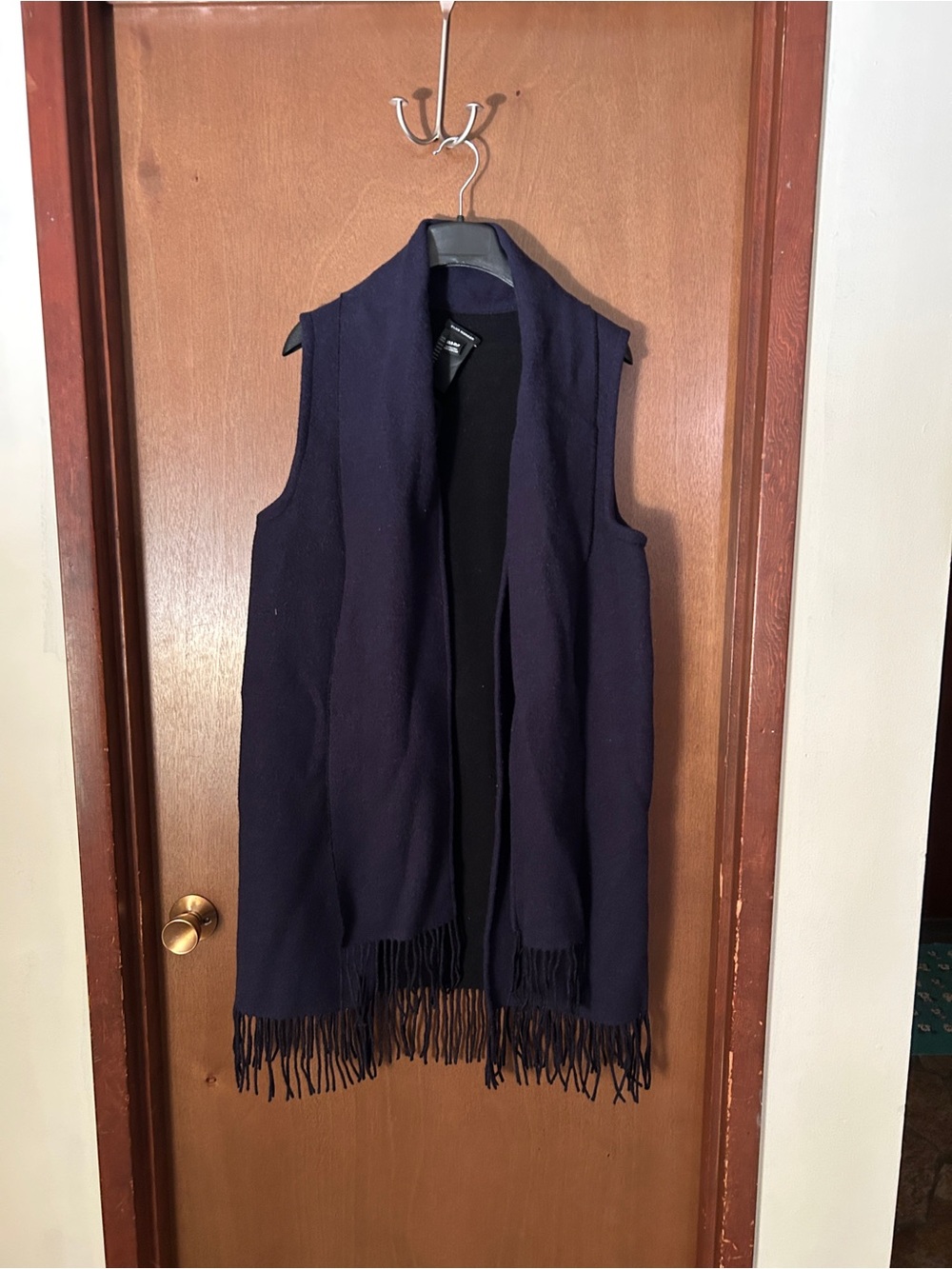 Club Monaco Navy/black Sleeveless Wool Scarf Fringe Open-Front Vest Size XS/S